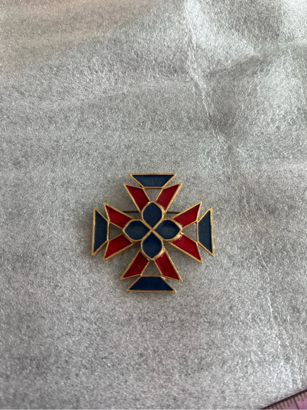 Vintage FLORENZA Enamel Cross Pin in Red and Navy with Gold Trim